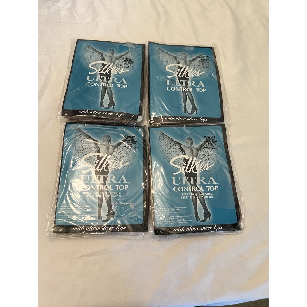 PANTYHOSE Queen Lot Of 4 Silkies NEW NOS VTG Ultra Control Top Nude 030501 USA